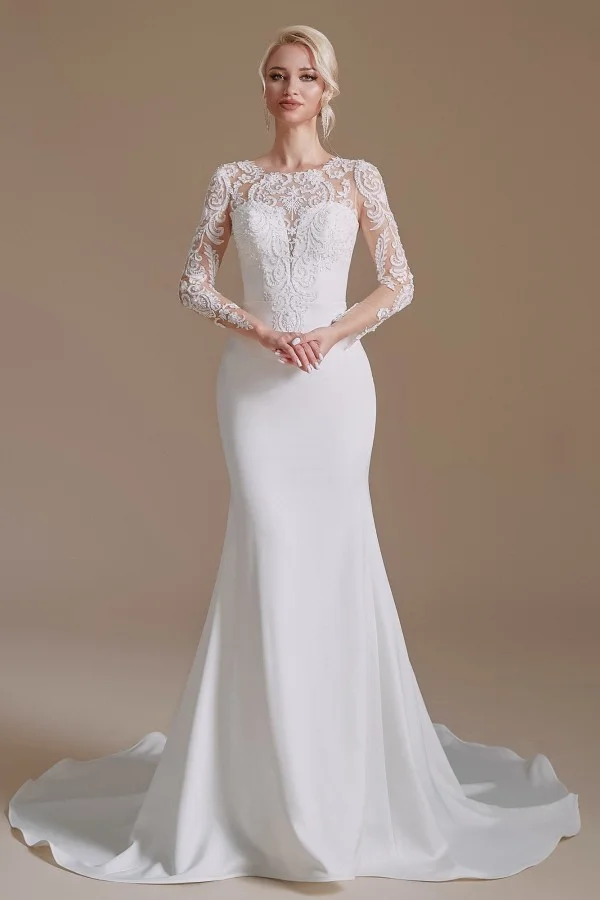 Beautiful Satin Lace Long Mermaid Jewel Wedding Dress With Sleeves | Ballbellas Ballbellas