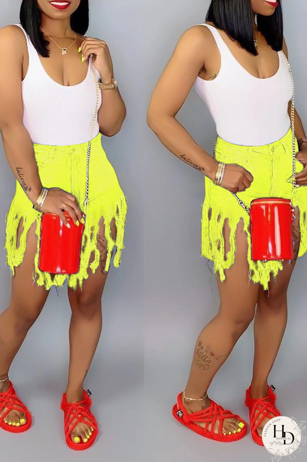 Blue Denim Button Fly Zipper Fly Mid Solid Patchwork Tassel Straight shorts