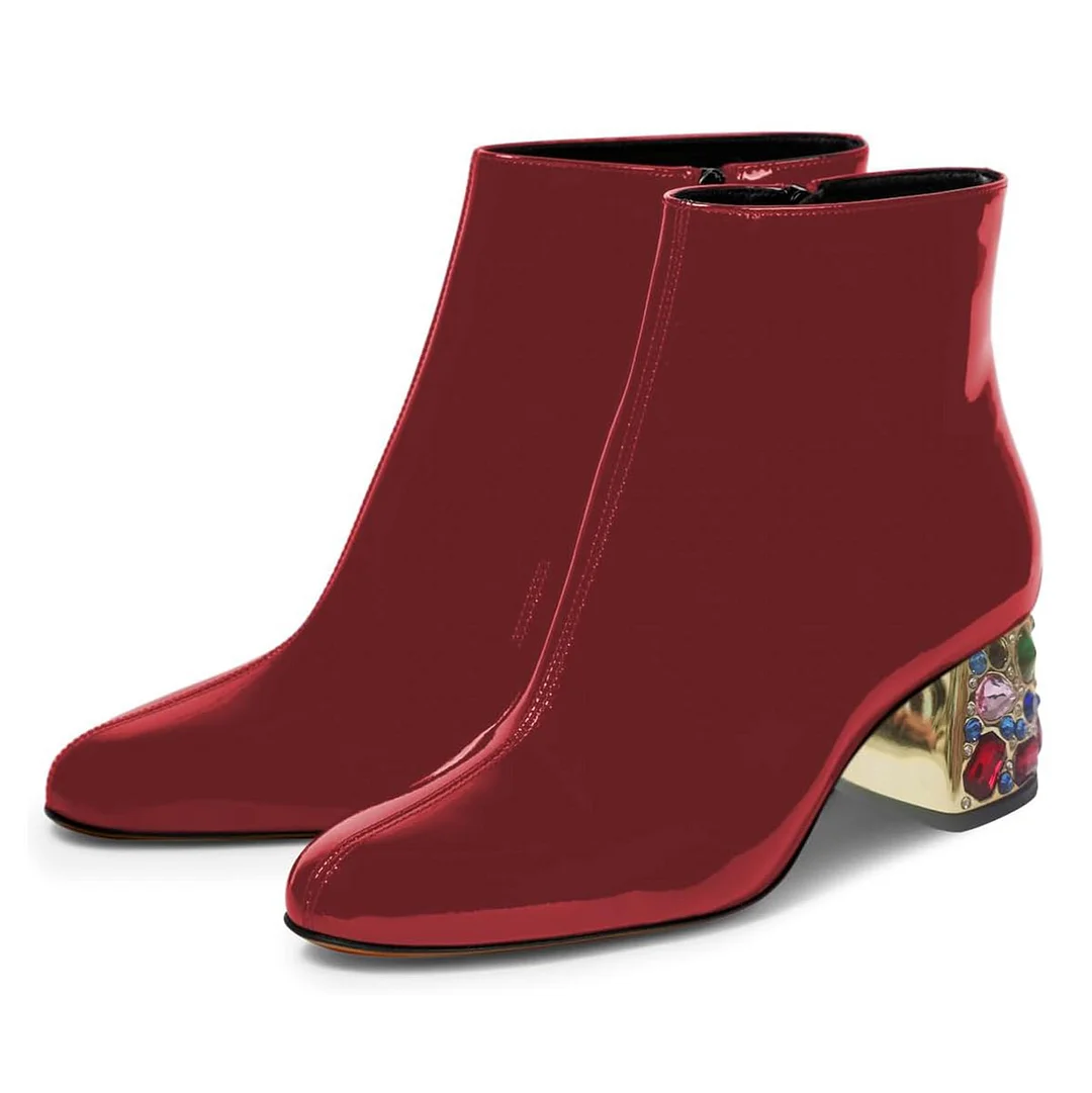 Red Patent Round Toe Zipper Ankle Boots with Rhinestone Block Heel