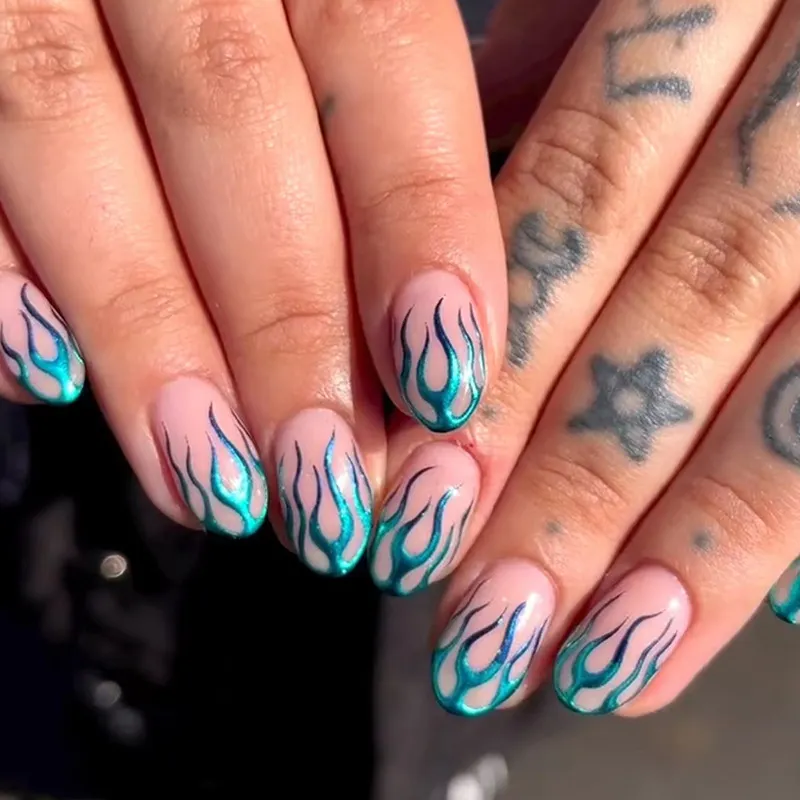 Churchf Churchf Green Gradient Aurora Flame Nail Round Head Short Oval Wear Armour Sweet Cool Girl Special A Piece