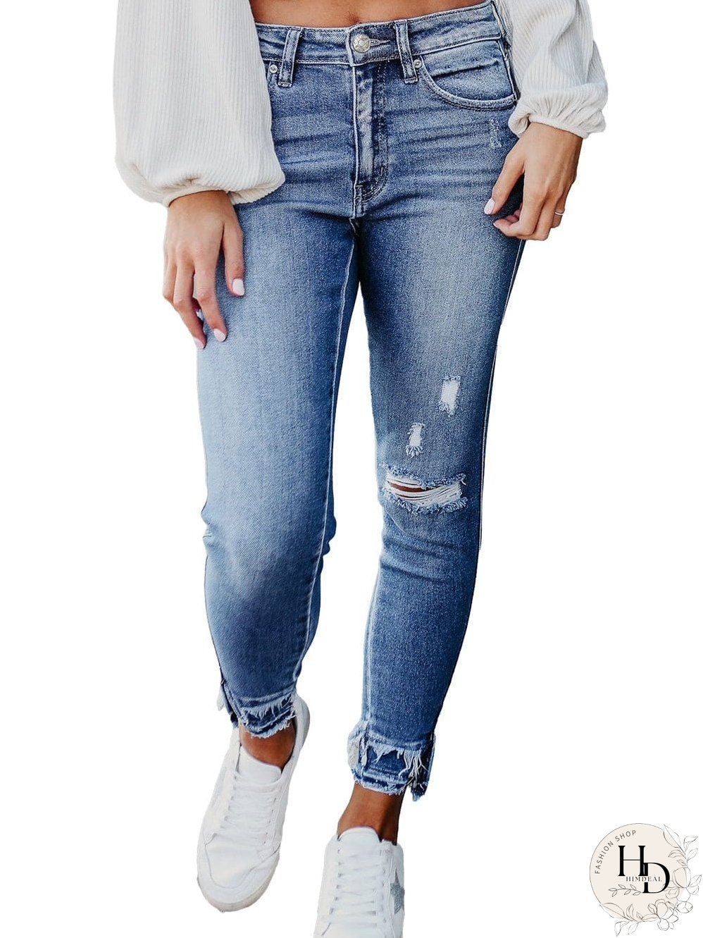 Blue Raw Hem Straight Jeans with Leopard Print Patchwork Detail and Ripped Holes - Women's Denim Clothing