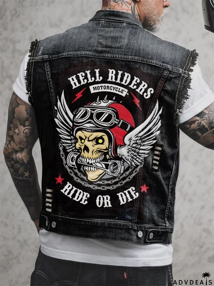 Rock Biker Men's Denim Vest with Hell Rider Print