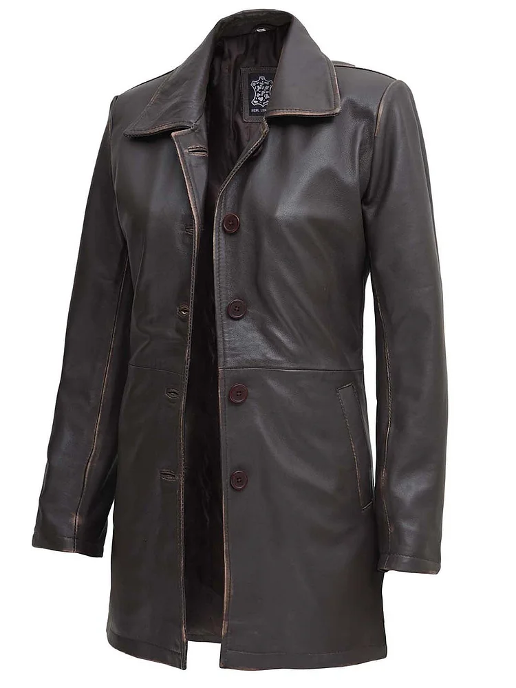 Winchester Women's Distressed Dark Brown Leather Coat QueenFunky