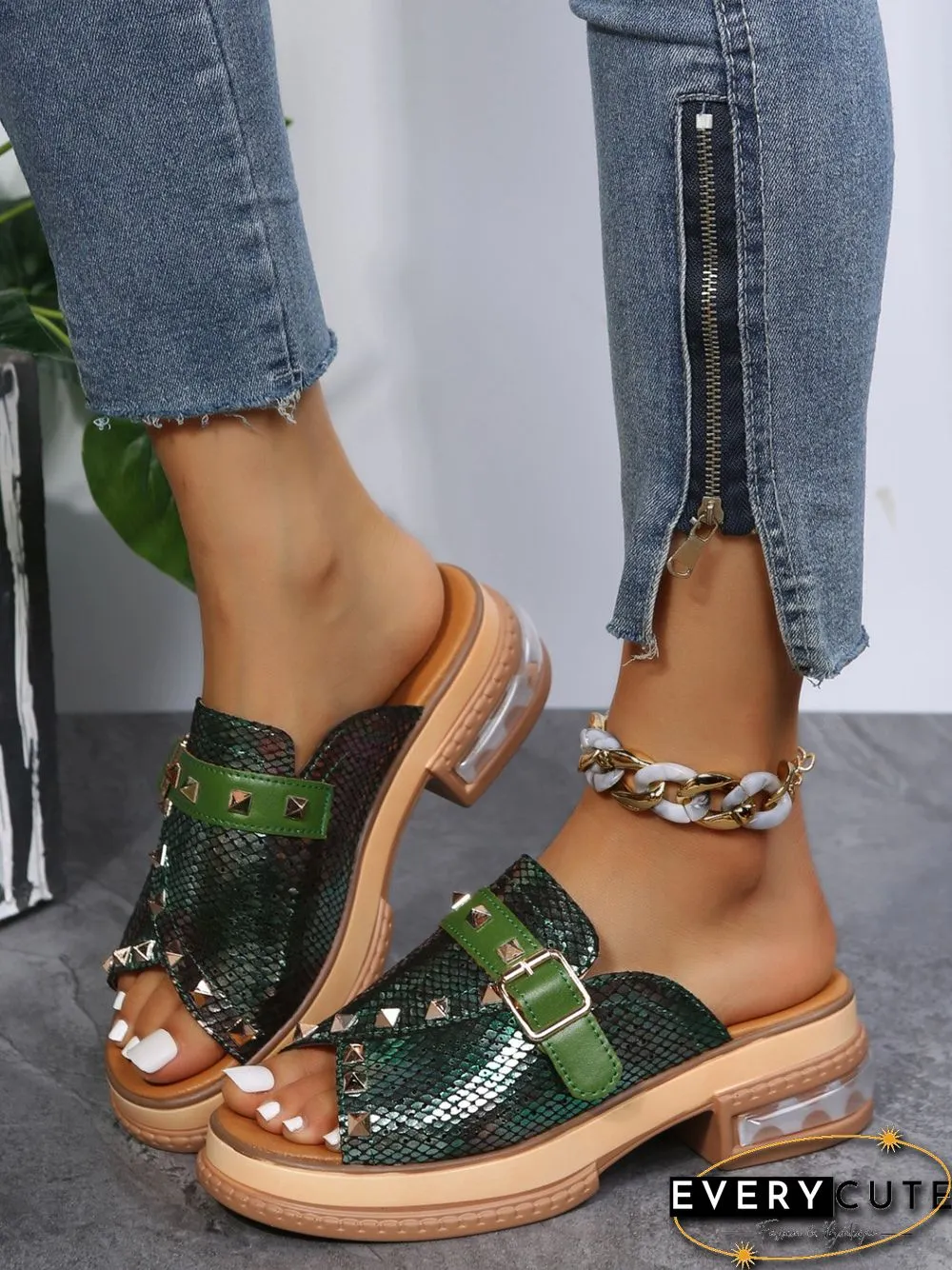 Urban Studded Snake Print Chunky Heel Slippers