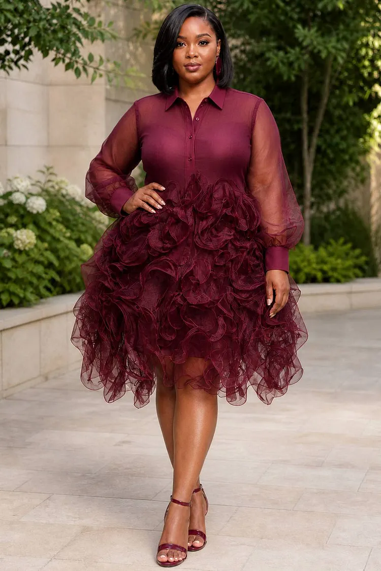 plus size burgundy dress with sleeves Xpluswear Design Party Shirt Collar Long Sleeve Ruffle See Through Organza Mini Dresses [Pre-Order] Chiffon dress size:6-12m powder-blue Tattooed Blonde Took Off featuring an elegant square
