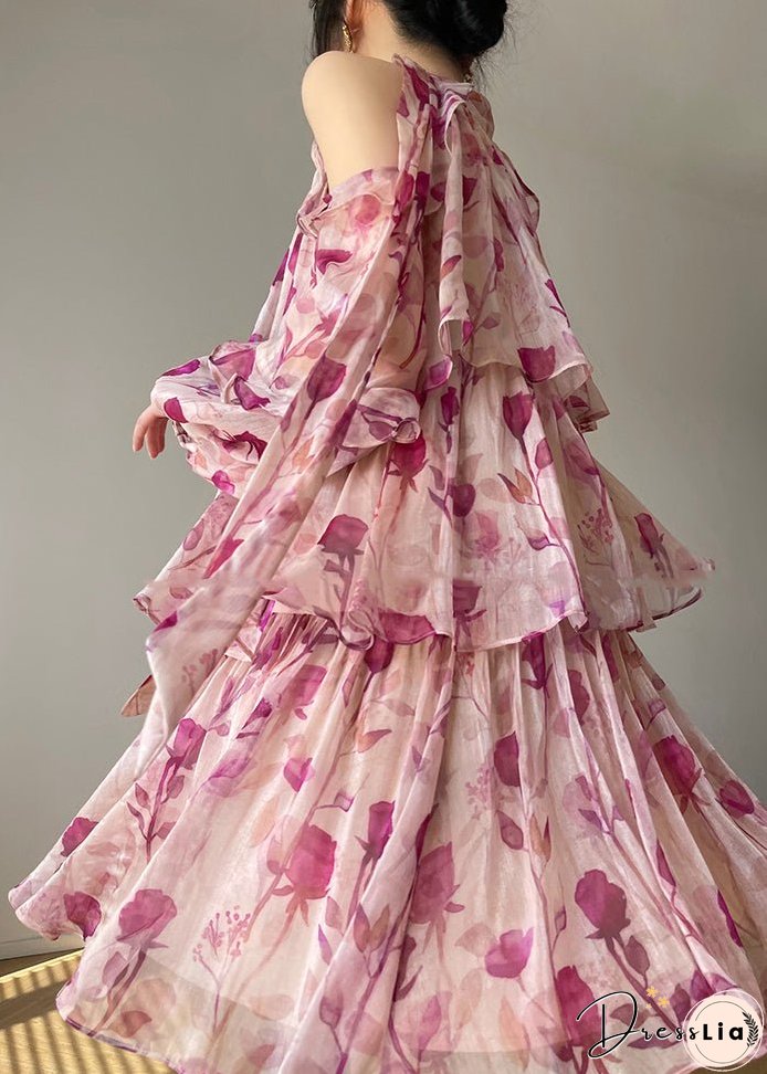 French Pink Print Ruffled Lantern Sleeve Cold Shoulder Dress