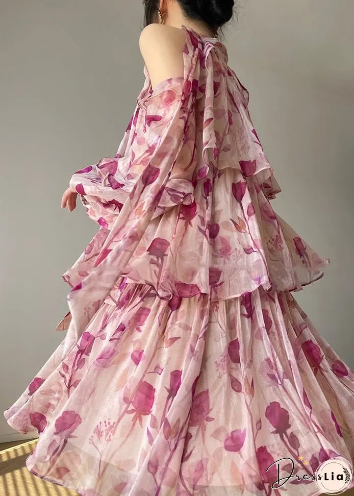 French Pink Print Ruffled Lantern Sleeve Cold Shoulder Dress
