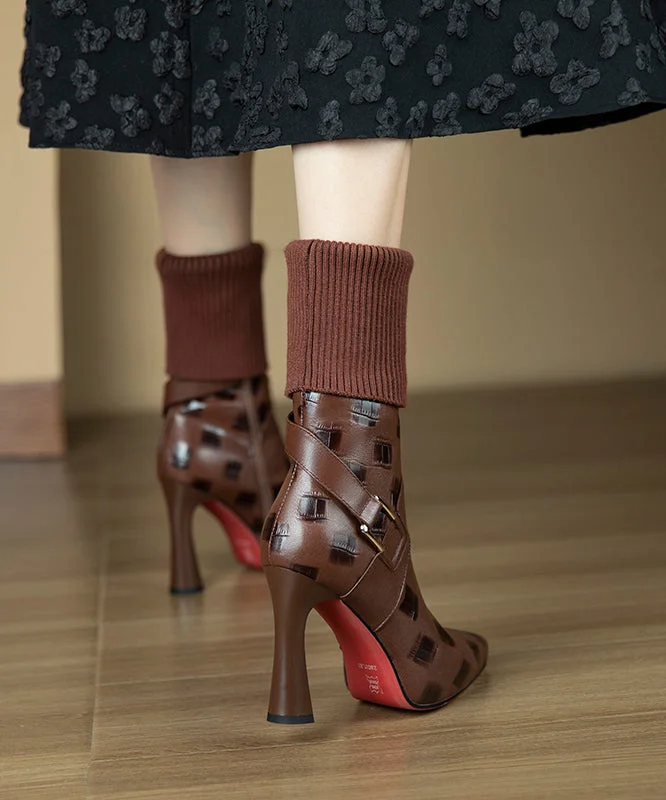 Brown High Heel Sheepskin Stylish Splicing Boots Pointed Toe