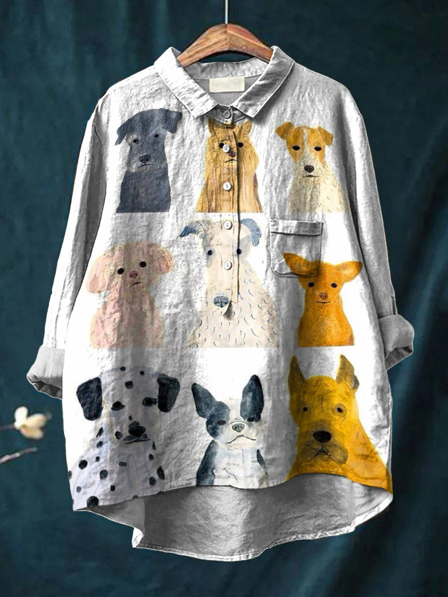 Cute Dogs Decorative Pattern Casual Cotton And Linen Shirt
