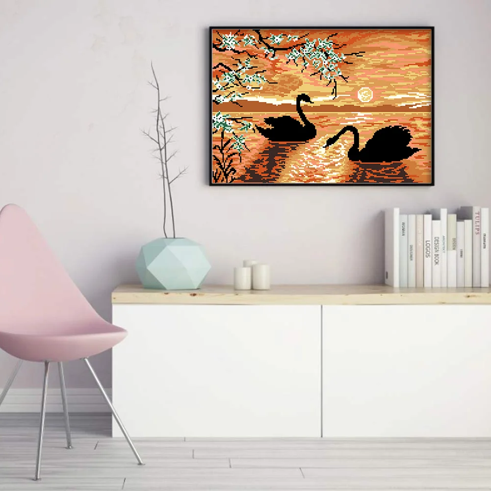 9CT Full Cross Stitch Bead Embroidery - Swan Lake(Canvas|50*36CM)