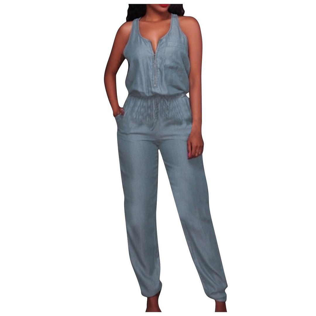 Fashion Summer Jumpsuit  Women Solid V Neck Denim Overalls Female Pocket Sleeveless Jeans Rompers комбинезон женский 2021