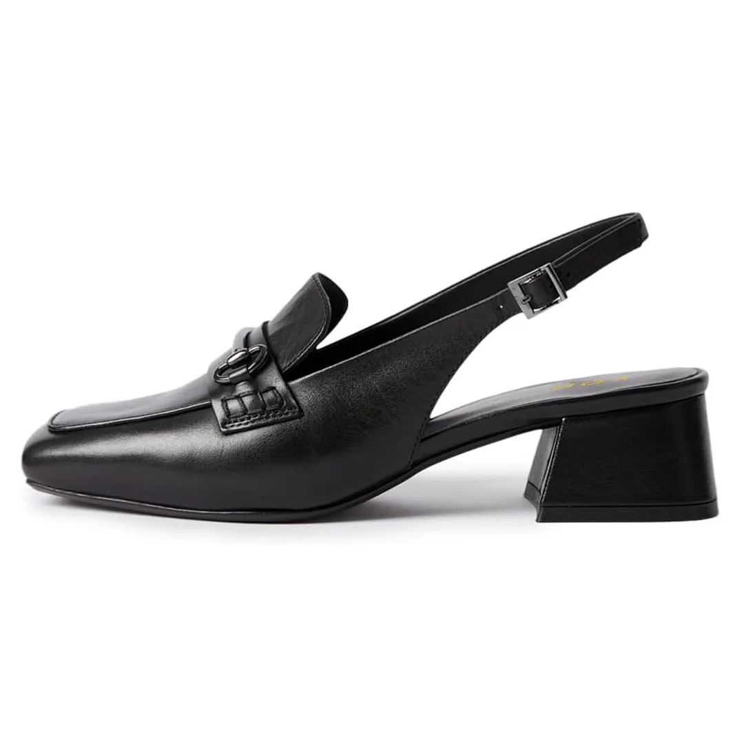 Elegant Square Toe Block Heel Loafer Slingback Black Pumps for Women