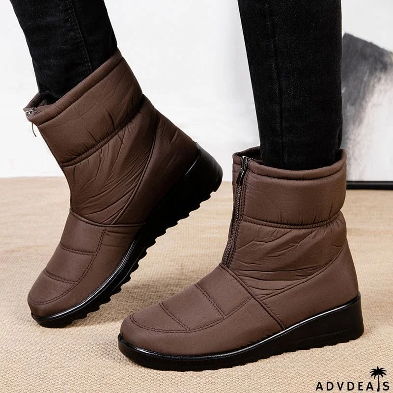 Waterproof Front Zipper Plush Ankle Boots