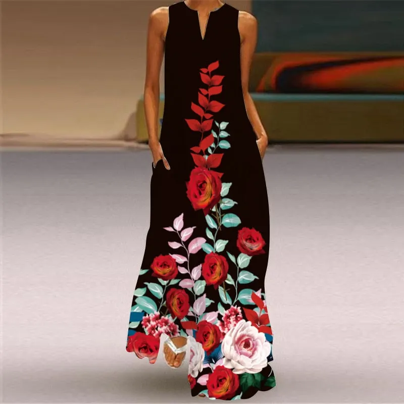 Bohemian Printed Sleeveless Maxi Dress Women Casual V-neck Robe Dresses Female Plus Size Beach Holiday Dress