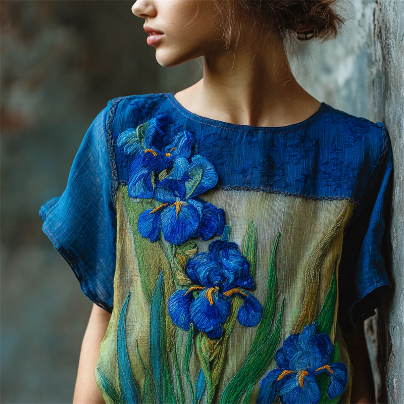 Oil Painting Irises Embroidered Contrast Patchwork Linen Tunic  artssus