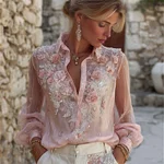Boho Pink Roses Glitter Embroidered Flowy Linen Blouse - Image 2