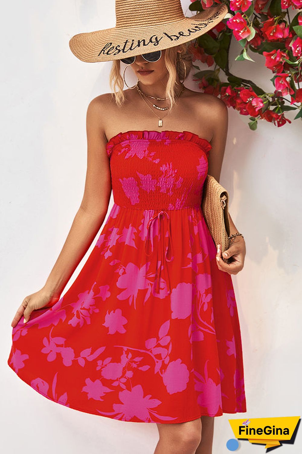 Smocked Frill Bandeau Floral Print Mini Dress