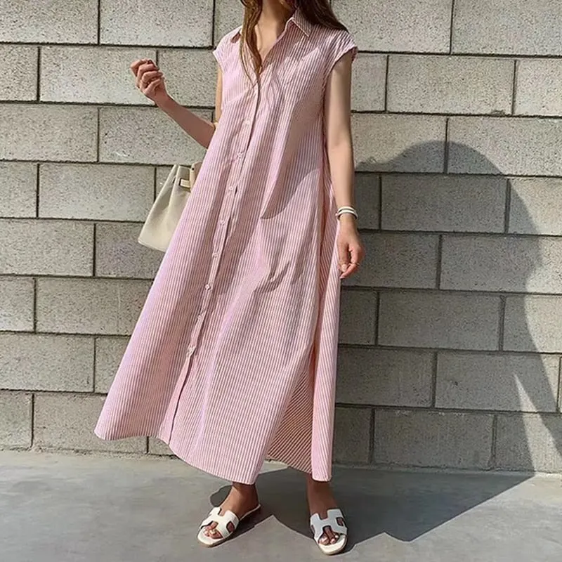 2021 Summer Plus Size Long Shirt Dress Casual Sleeveless Blue Striped Dresses for Women Loose Lace Up Dresses Robe Femme 10389
