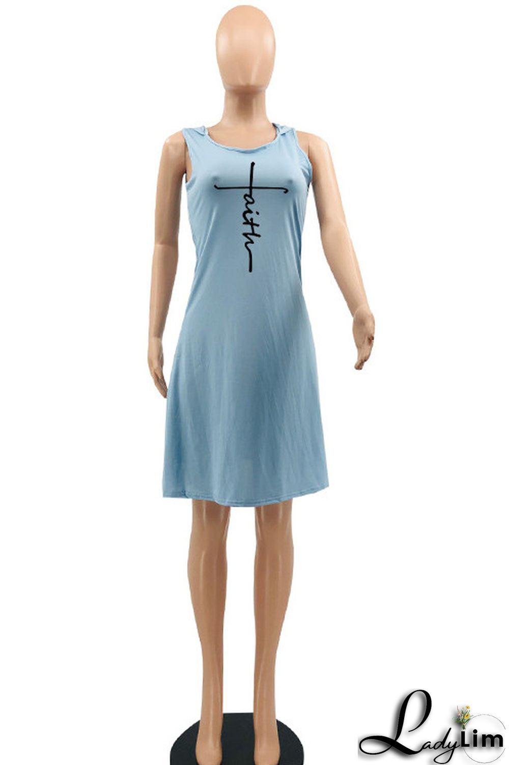 Light Blue Fashion Casual Print Basic Hooded Collar Sleeveless Dress Dresses