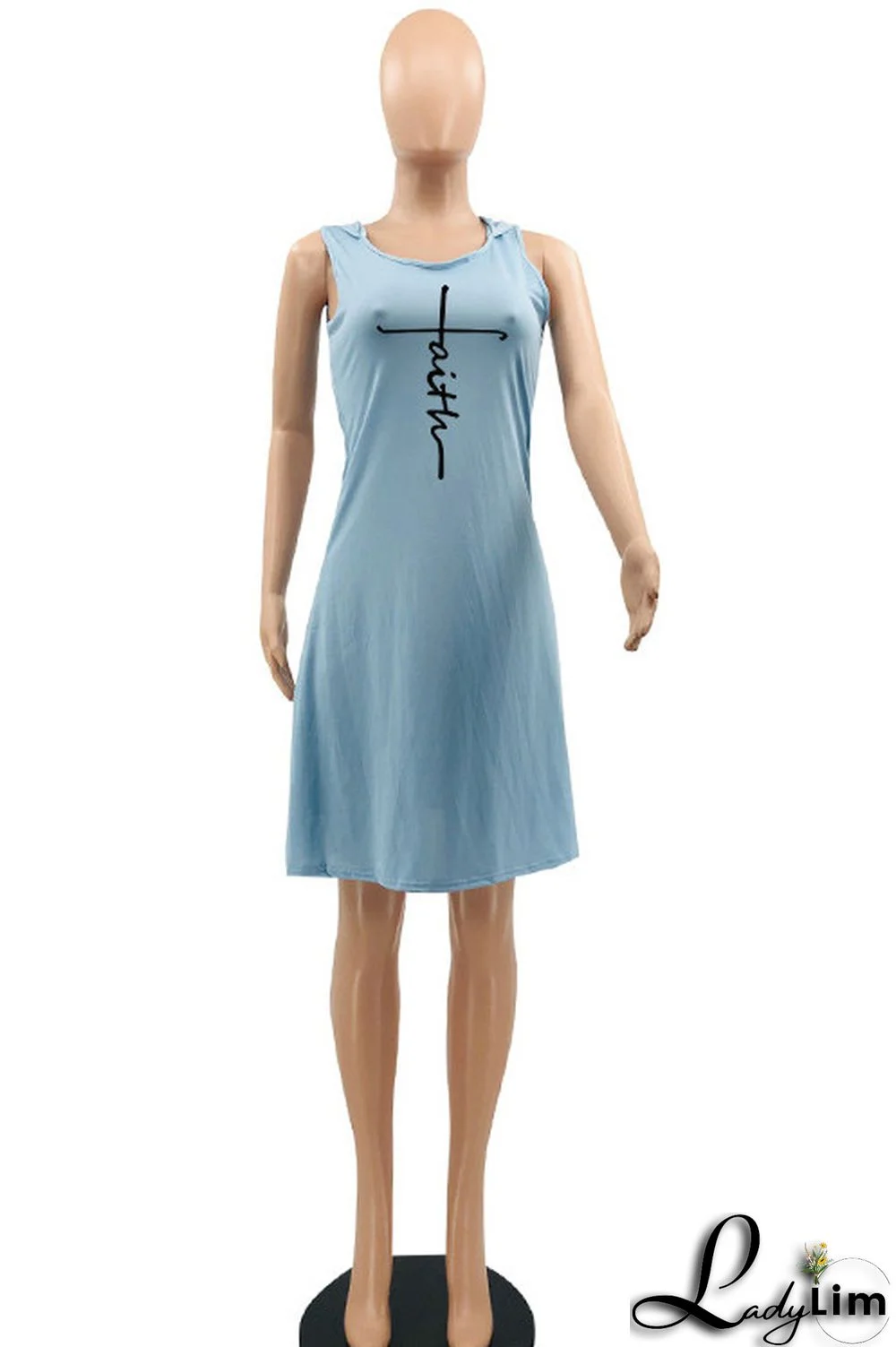 Light Blue Fashion Casual Print Basic Hooded Collar Sleeveless Dress Dresses