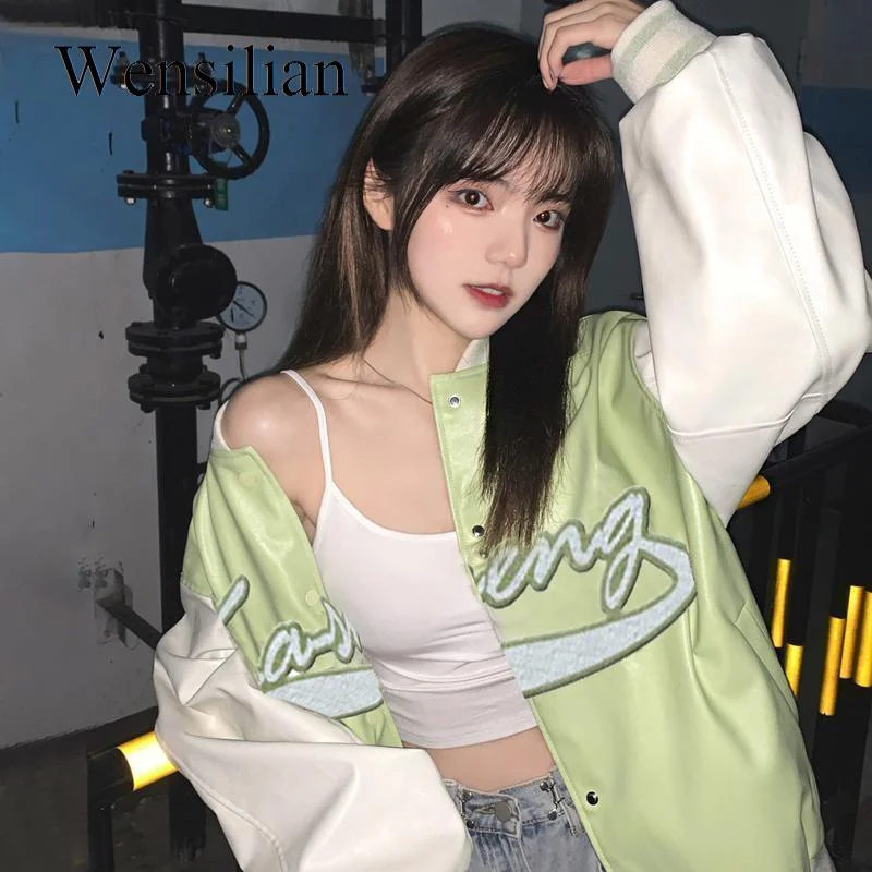 Oversized Varsity Jacket Women Harajuku Baseball Uniform Vintage Korean Windbreaker Loose Streetwear Student Pu Leather Coats