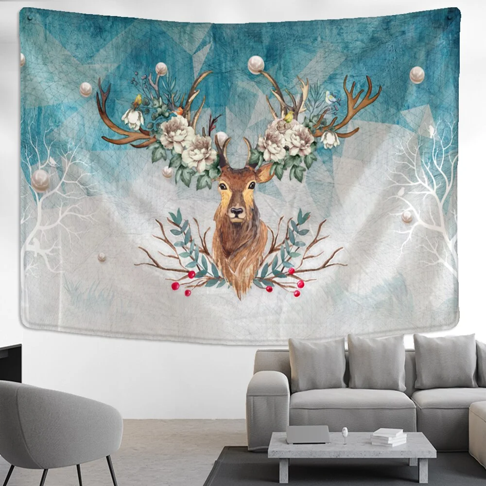 Elk Head Oil Painting Tapestry Wall Hanging Bohemian Style Psychedelic Witchcraft Art Cartoon Home Decor