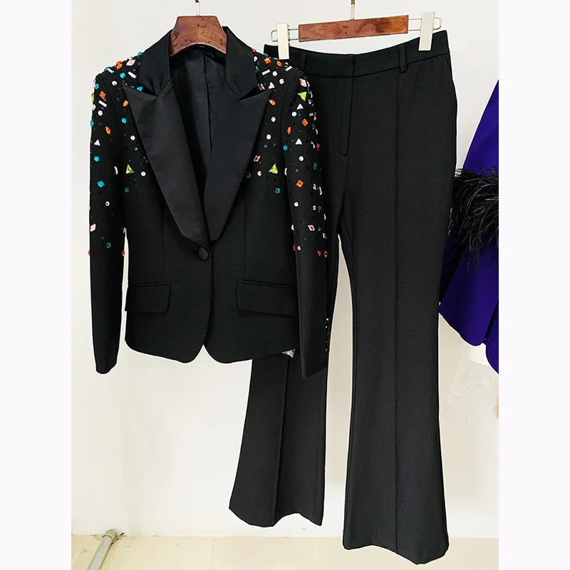 Nigikala Nigikala Fashion New Heavy Industry Nails Color Diamond Repair Suit Jacket Micro-Thorn Trousers Set Two