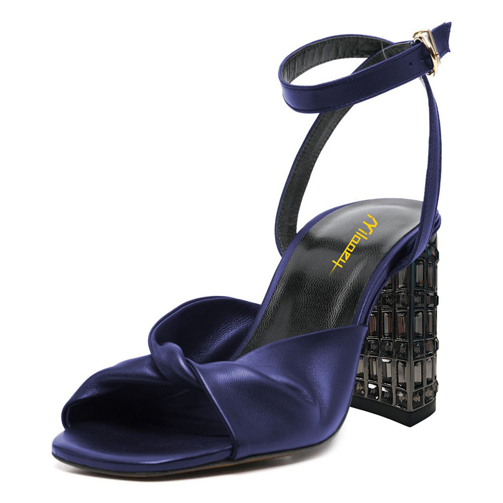 Navy Vegan Leather Square Toe Ankle Strap Chunky Heel Summer Sandals Nicepairs