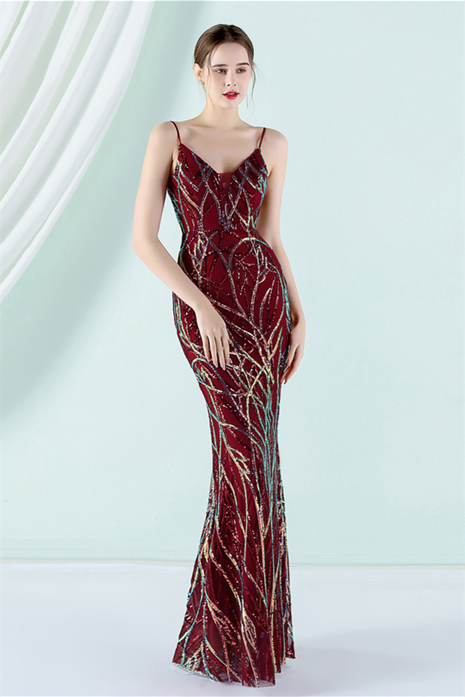 Bellasprom Spaghetti-Straps V-Neck Sequins Evening Dress Mermaid Long YE0118 Bellasprom
