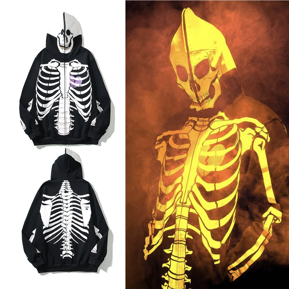 Travis Scott Dark Wind Skull Bone Print Halloween Hoodie Cardigan Zipper Hoodie