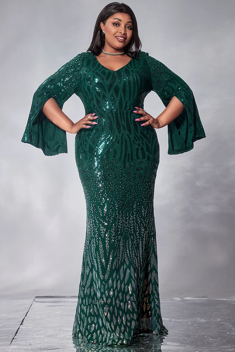 Xpluswear Design Plus Size Semi Formal Maxi Dresses Elegant Green V Neck Split Sequin Maxi Dresses [Pre-Order]