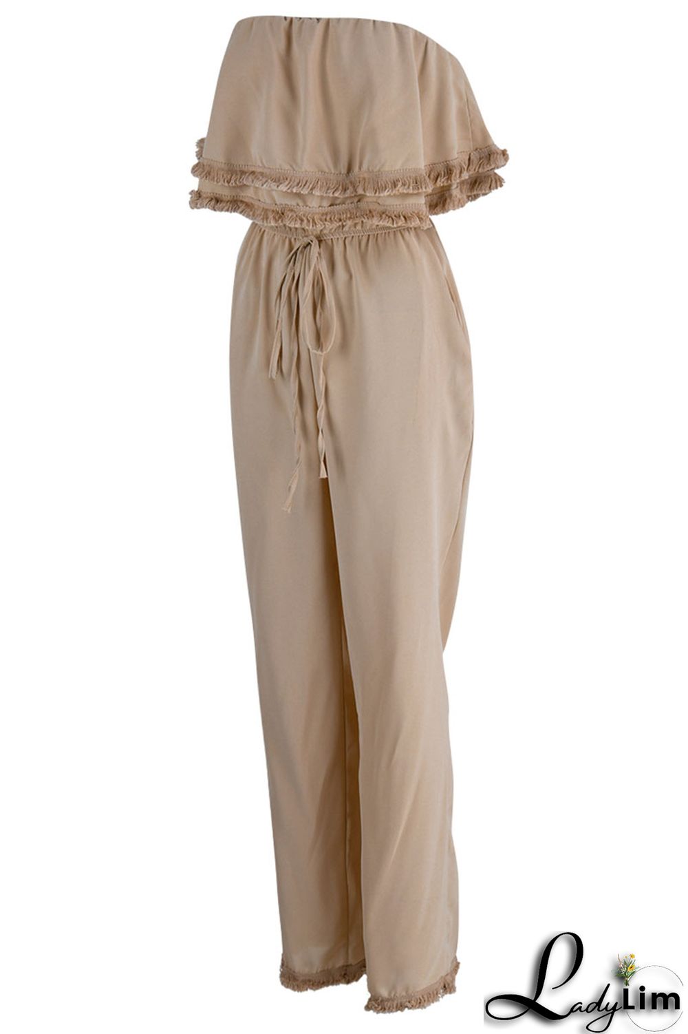 White Casual Solid Patchwork Strapless Straight Jumpsuits