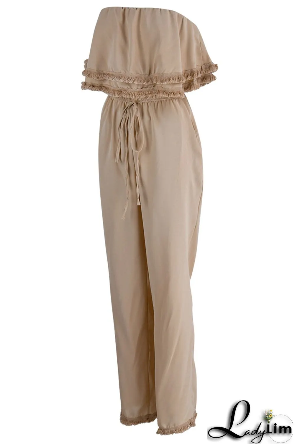 White Casual Solid Patchwork Strapless Straight Jumpsuits