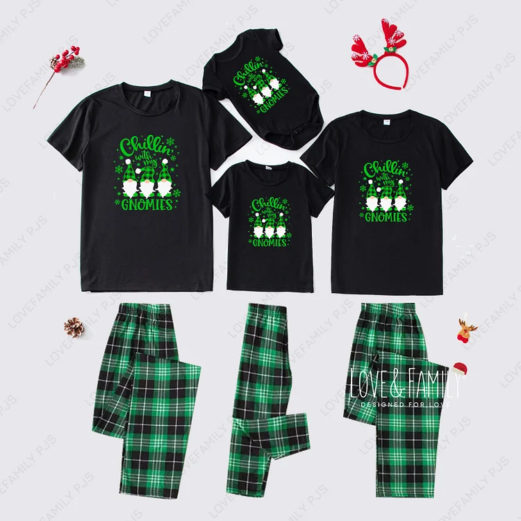 Chilling With My Gnome Christmas Family Pajamas Green PJs Sets