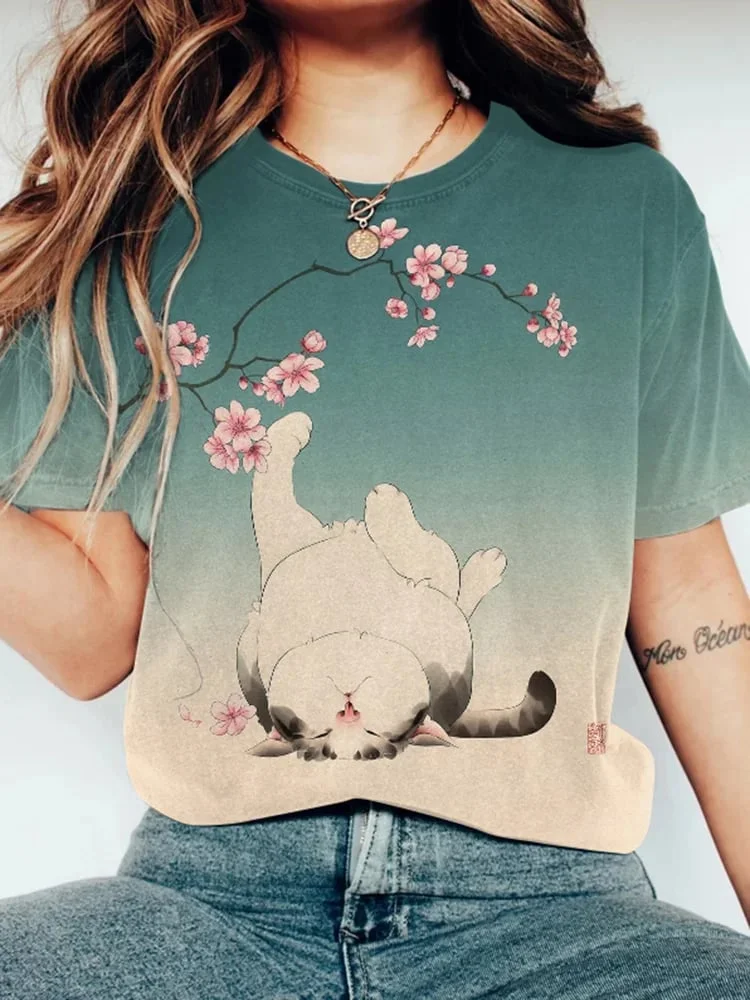 Women's Ink Cat Art Printed T-Shirt