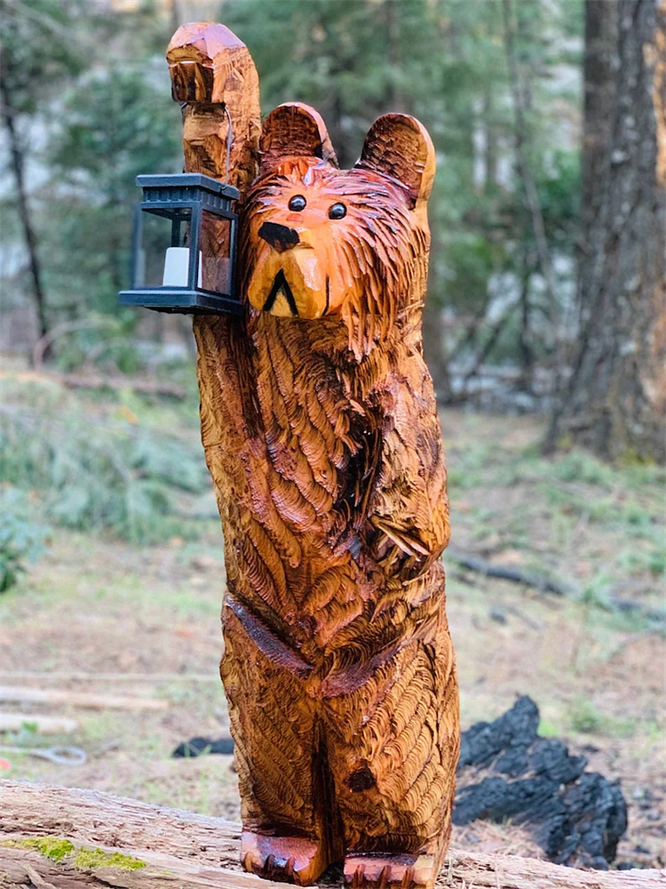 Cocoholiday Cedar carved Bear with solar lantern