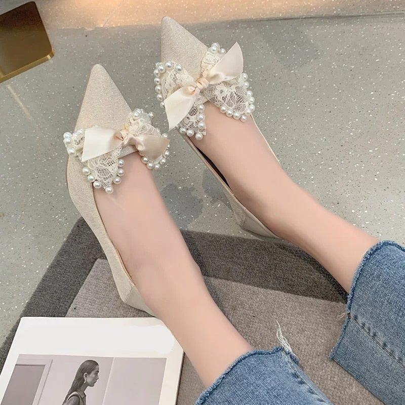 2022 Spring New Lace Bowknot Women Pumps Fashion Pearl Thin High Heels Wedding Party Shoes Woman Sexy Pointed Toe Sandals