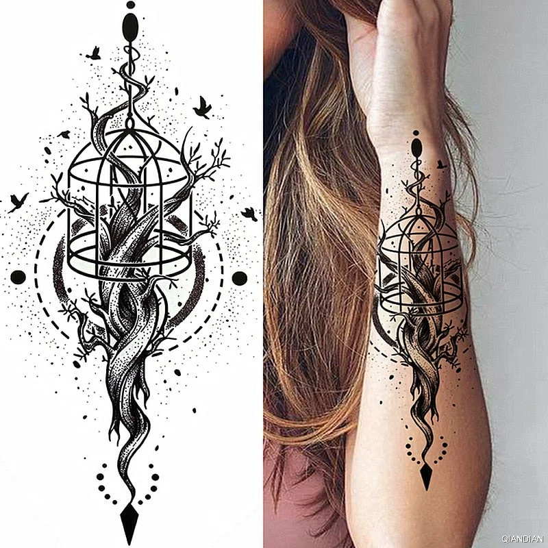 Black Sexy Flower Temporary Tattoos Sticker Arm Sleeve Rose Tree Skull Lion Bear Snake Henna Body Decorate Fake 3D Women Totem