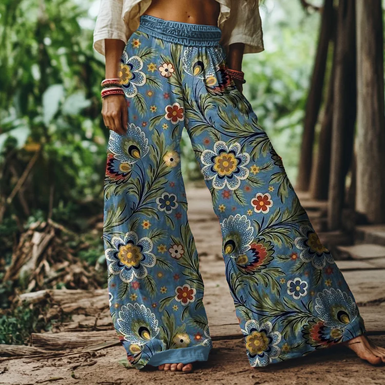 Vintage Floral Print Loose Wide-leg Pants