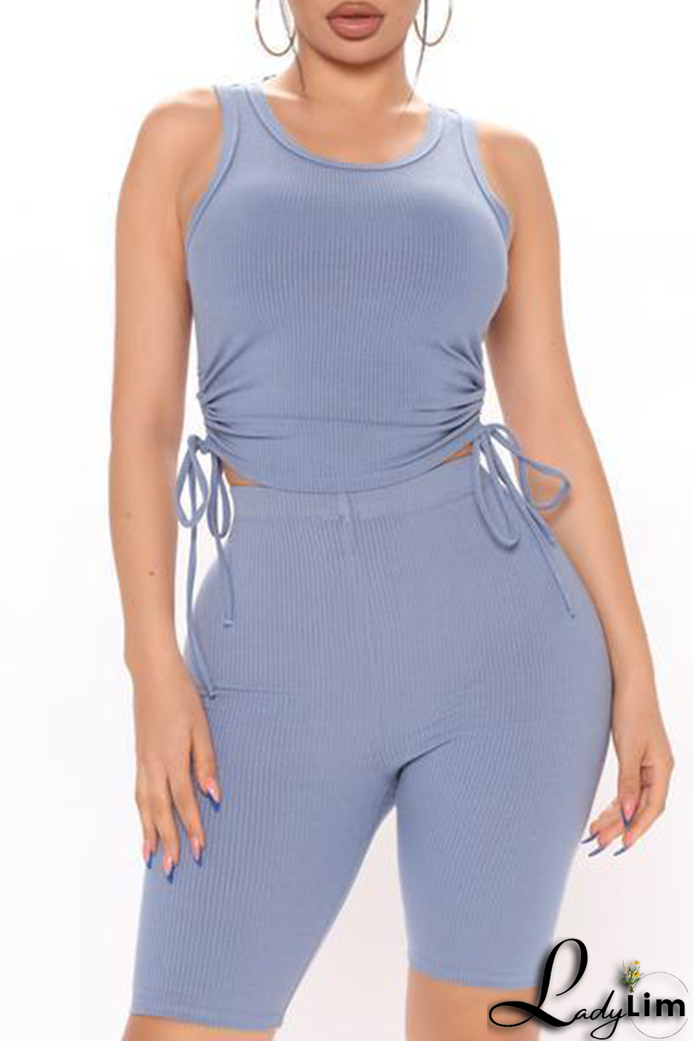 Grey Sportswear Solid Draw String O Neck Sleeveless Two Pieces