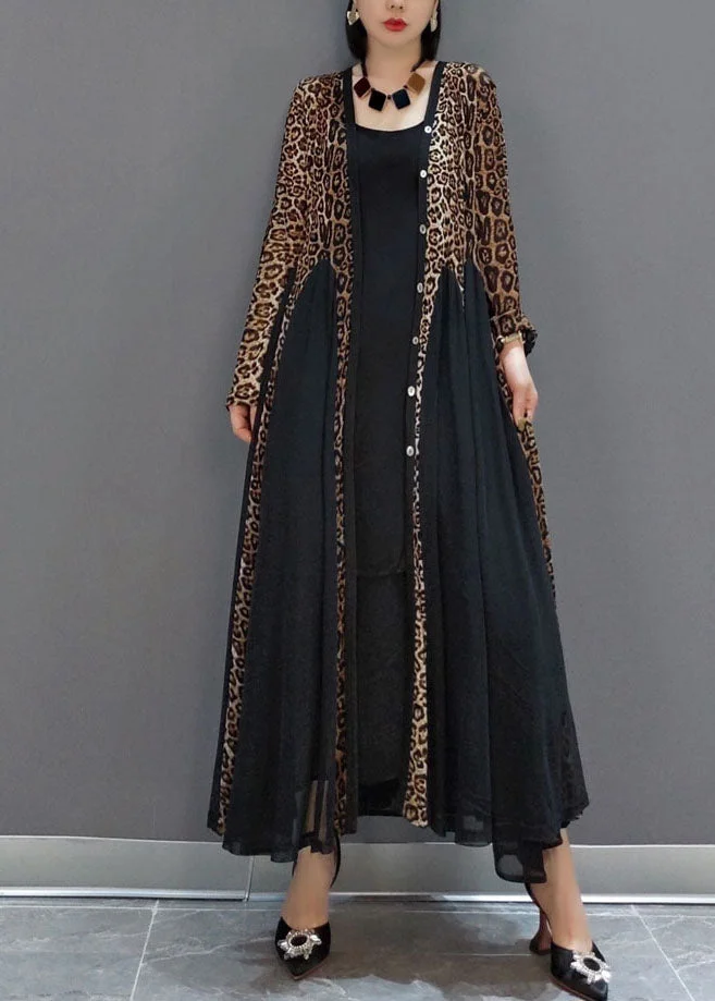 Fashion Black Button V Neck Patchwork Leopard Chiffon Maxi Dress