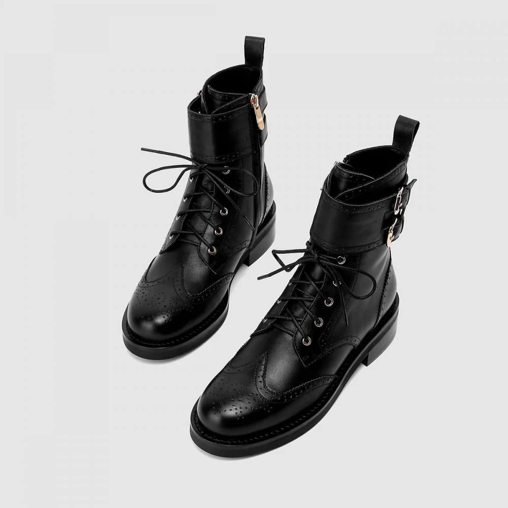 Lace Up Combat Boots With Buckle Women's Brogues Boots