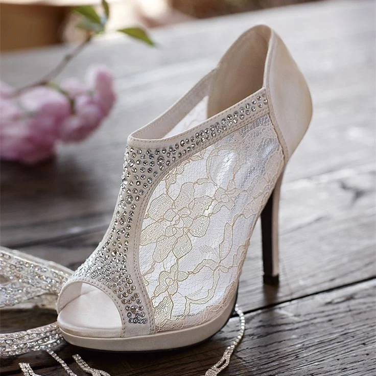 Ivory Satin & Lace Bridal Shoes Peep Toe Rhinestone Heeled Booties |FSJ Shoes