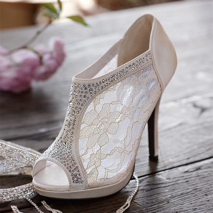 Ivory Satin Bridal Shoes Peep Toe Rhinestone Lace Ankle Booties |FSJ Shoes