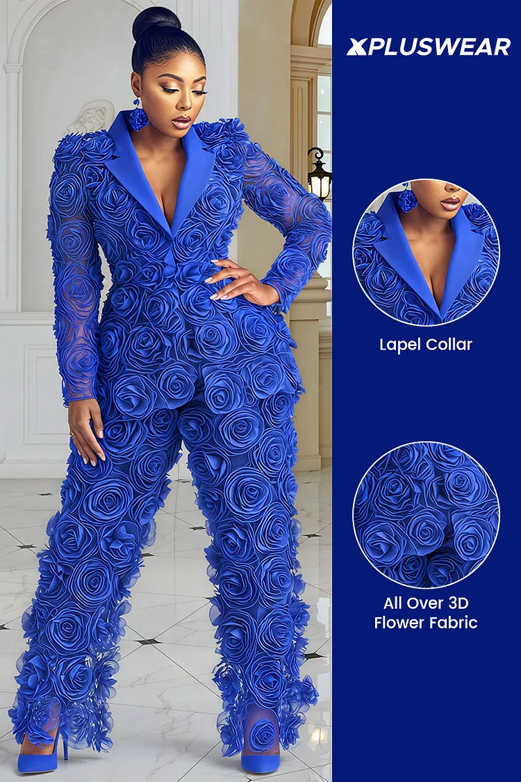 Xpluswear Design Plus Size Formal Royal Blue Lapel Collar Long Sleeve 3D Elegant Two Piece Pant Suits [Pre-Order]