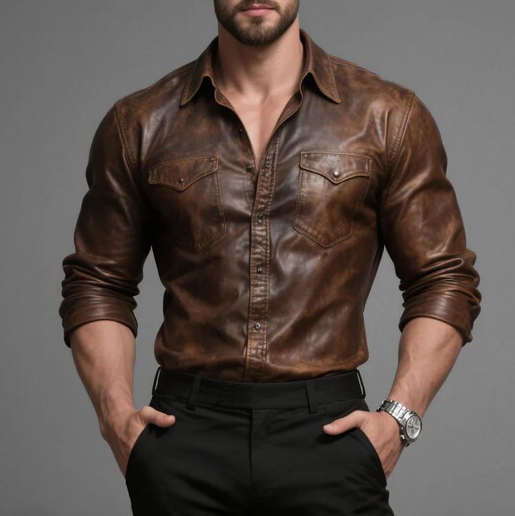 Okaywear Distressed PU Leather Chest Pocket Button Long Sleeve Shirt 