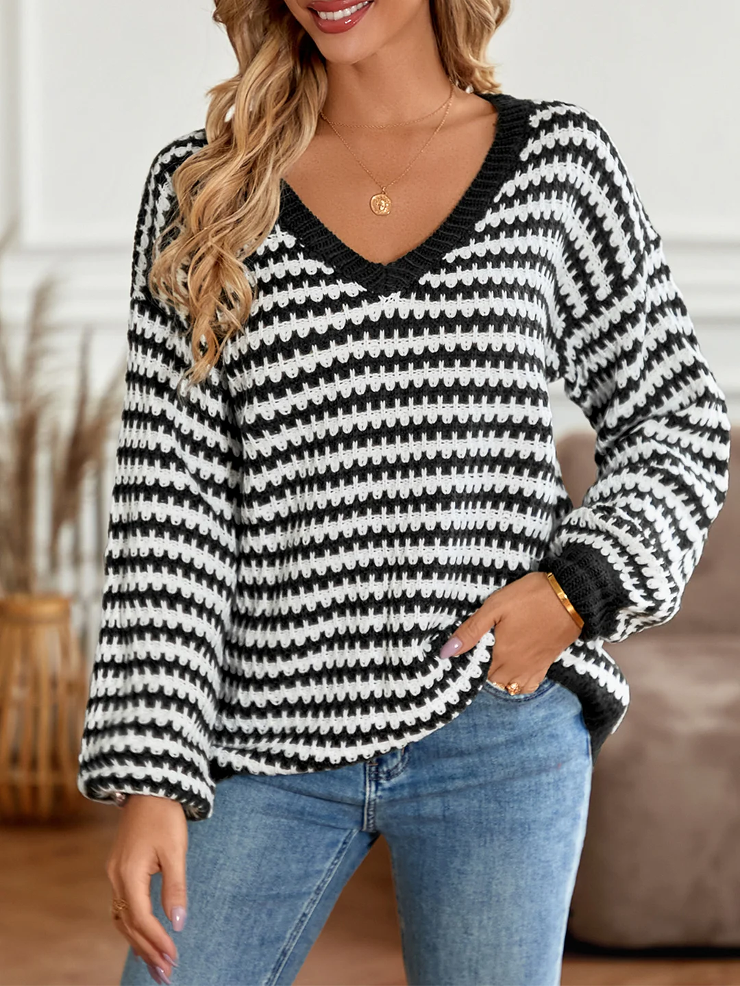 Toloer Toloer Women's Wear 2024 Winter Casual Ladies V-Neck Loose Striped Long Sleeve Sweater-Outfit Ideas