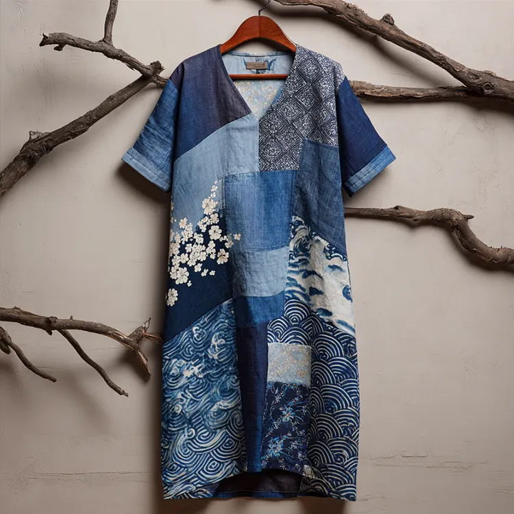 Japanese Style Plant Printed Splicing Retro V-neck Dress