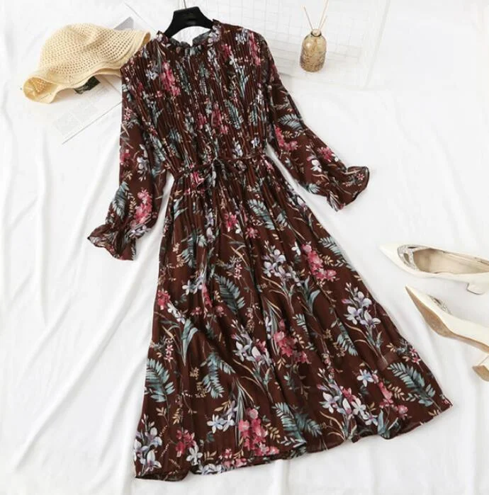 2020 Elegant Women Print Chiffon Dress Long sleeve Lotus leaf collar Pleated Dress Female Casual Midi Dresses vestidos mujer