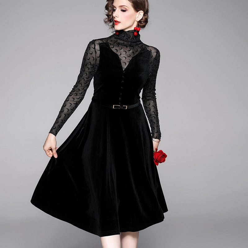 Women's Flocking Stitching Veet Mid-length Black Dress